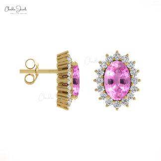 Iconic Pink Sapphire Dainty Earrings 6x4mm Oval Gemstone Minimalist Earrings Genuine 14k Real Gold Diamond Halo Earrings For Graduation Gift