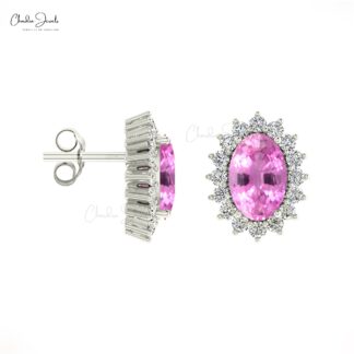 Iconic Pink Sapphire Dainty Earrings 6x4mm Oval Gemstone Minimalist Earrings Genuine 14k Real Gold Diamond Halo Earrings For Graduation Gift