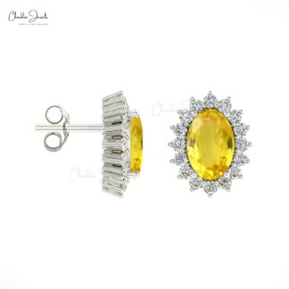 Real 14k Gold Genuine Yellow Sapphire Earrings 1.16 Ct Oval Gemstone Halo Diamond Earrings Handmade Personalized Gift For Women