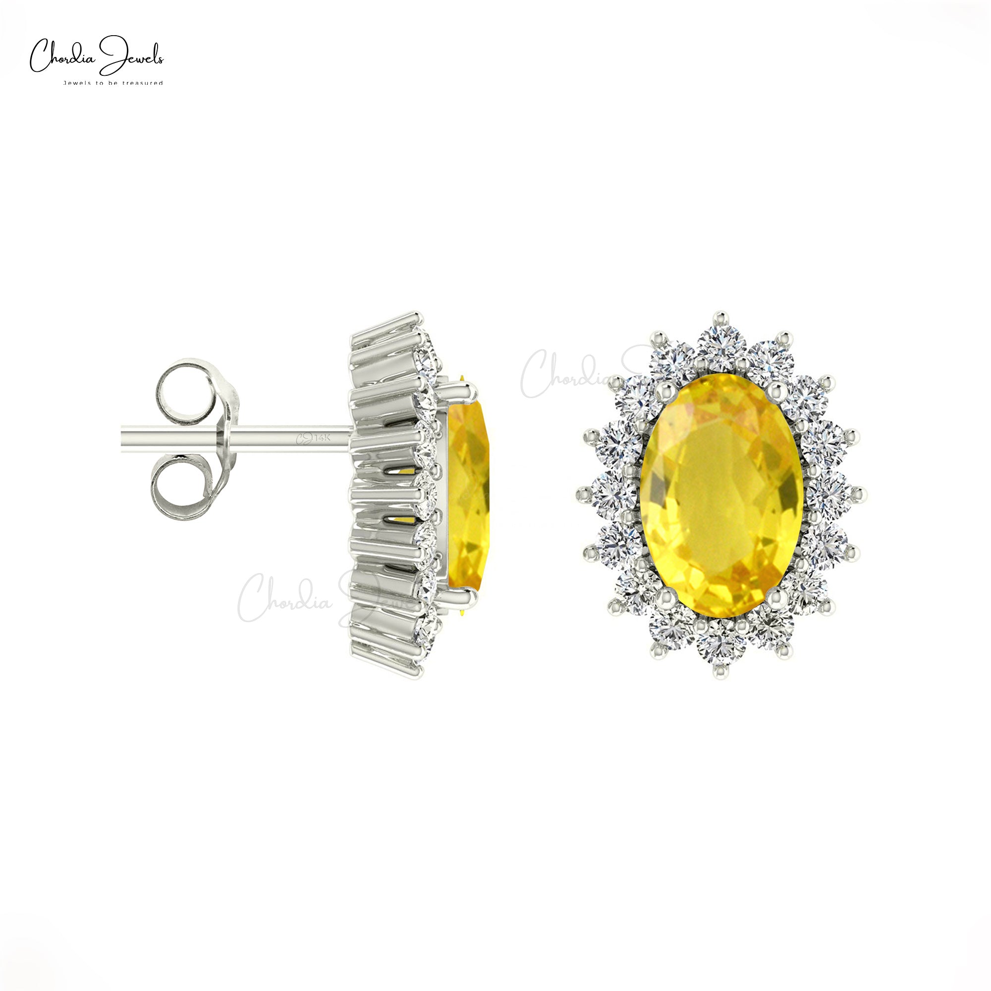 Real 14k Gold Genuine Yellow Sapphire Earrings 1.16 Ct Oval Gemstone Halo Diamond Earrings Handmade Personalized Gift For Women