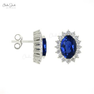 Natural Blue Sapphire Halo Earrings For Her 14k Real Gold White Diamond Earrings 6x4mm Oval Cut Gemstone Surprise Gift Earrings