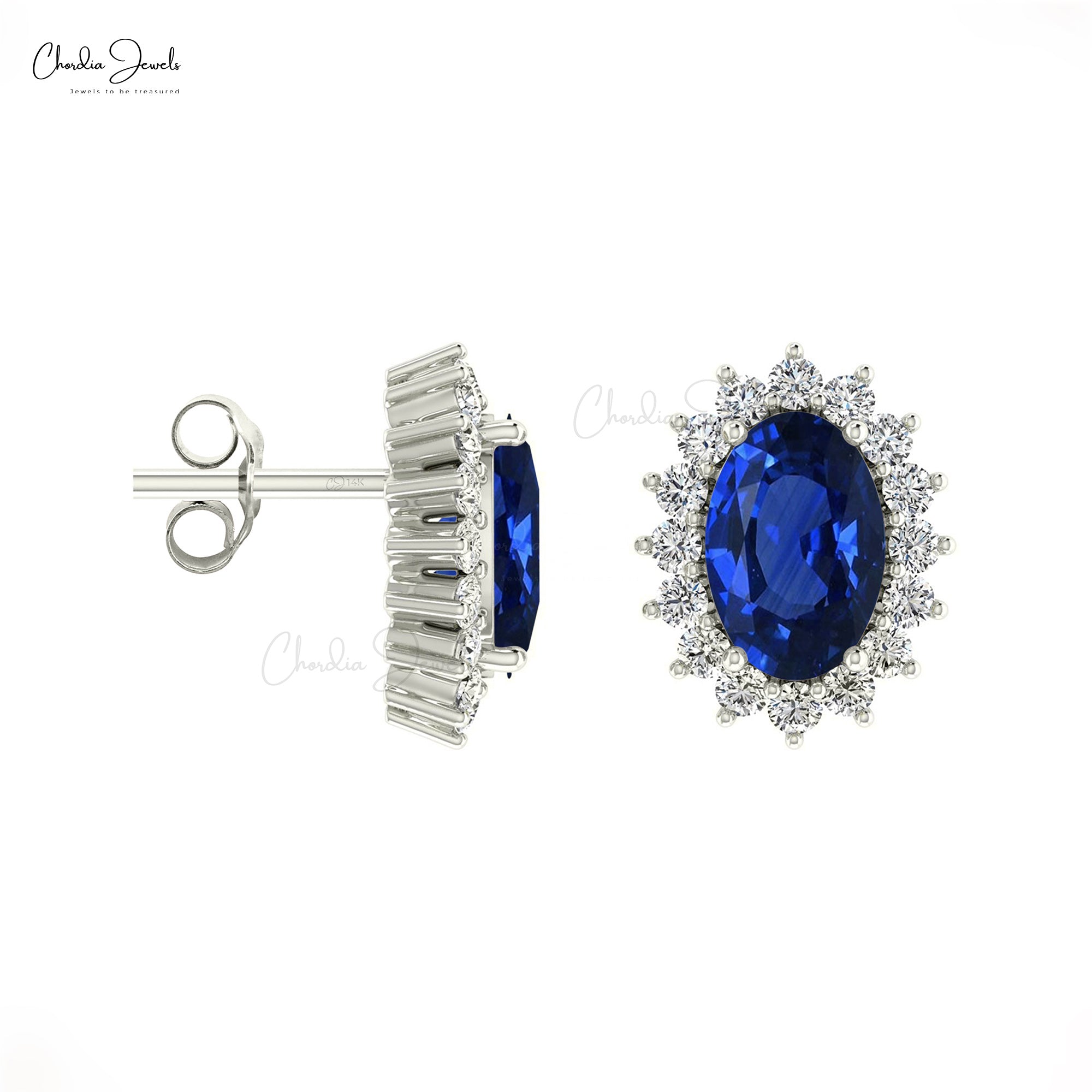 Natural Blue Sapphire Halo Earrings For Her 14k Real Gold White Diamond Earrings 6x4mm Oval Cut Gemstone Surprise Gift Earrings