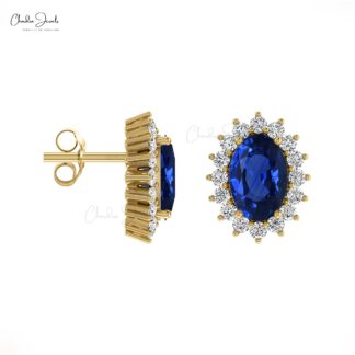 Natural Blue Sapphire Halo Earrings For Her 14k Real Gold White Diamond Earrings 6x4mm Oval Cut Gemstone Surprise Gift Earrings