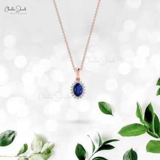 Oval Cut Dangle Pendant With 0.58 Ct Blue Sapphire Diamond Halo Pendant in 14k Solid Gold
