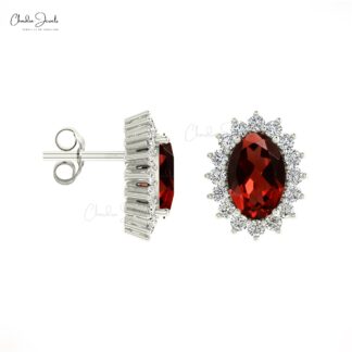 Natural Garnet Halo Earrings 14k Solid Gold Diamond Handmade Earrings 6x4mm Oval Gemstone Fine Jewelry For Surprise Gift