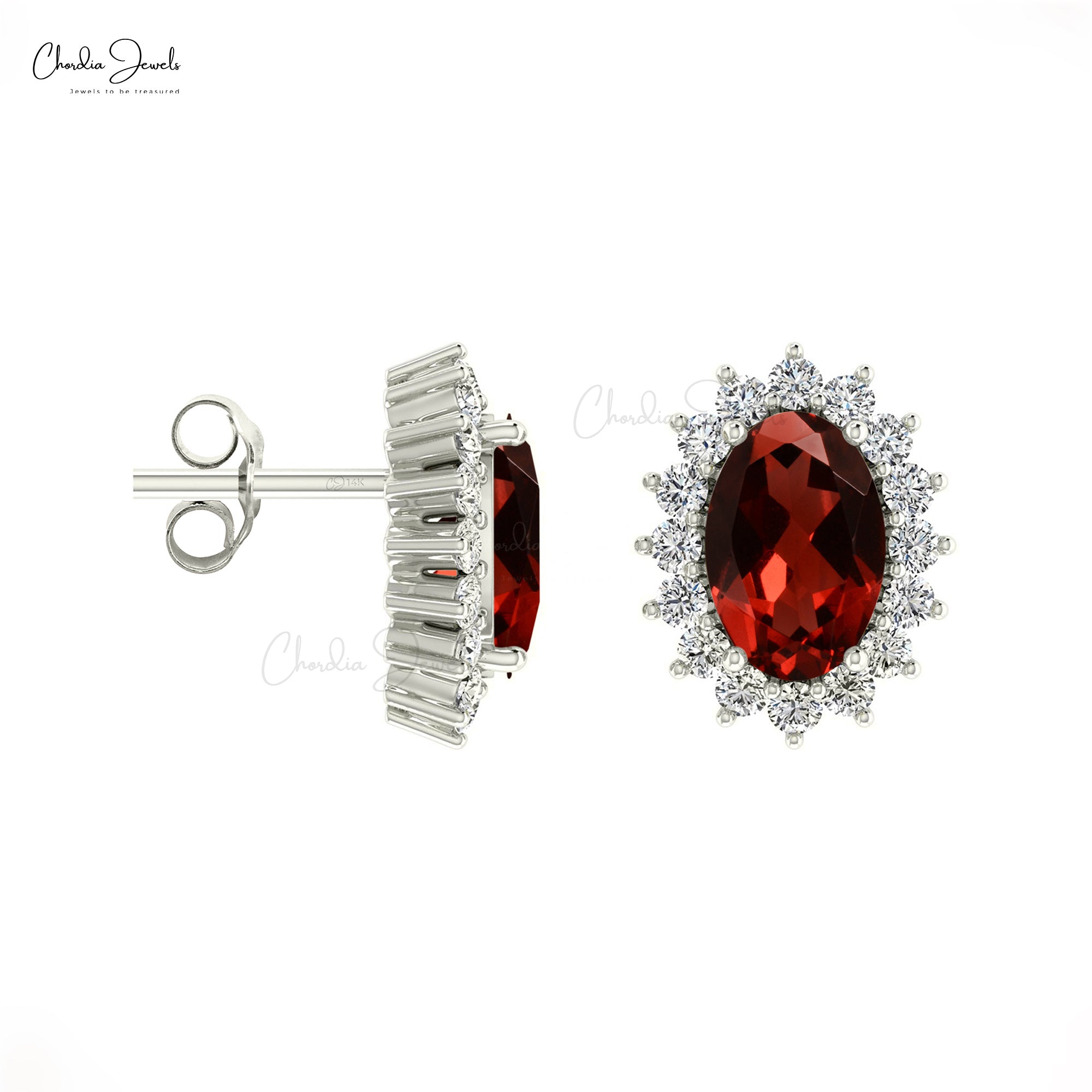 Natural Garnet Halo Earrings 14k Solid Gold Diamond Handmade Earrings 6x4mm Oval Gemstone Fine Jewelry For Surprise Gift