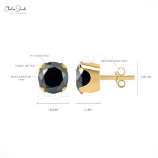 Genuine Black Diamond Studs For Her 4mm Round Cut Gemstone Handmade Gift Earrings 14k Solid Gold Prong Set Fine Jewelry