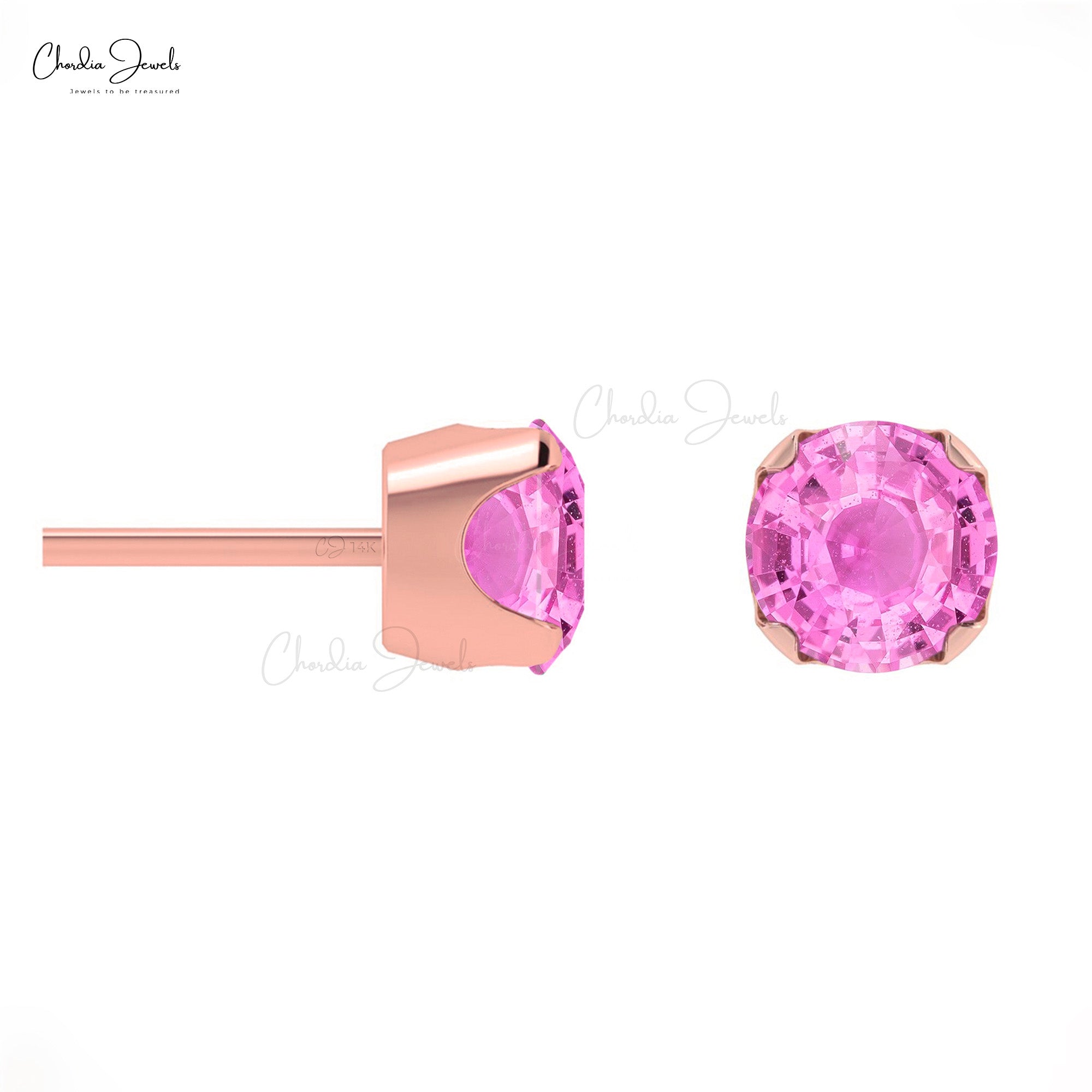 AAA Pink Sapphire Earrings For Gift 14k Real Gold Earrings Set 4mm Round Cut Gemstone Studs Hallmarked Jewelry