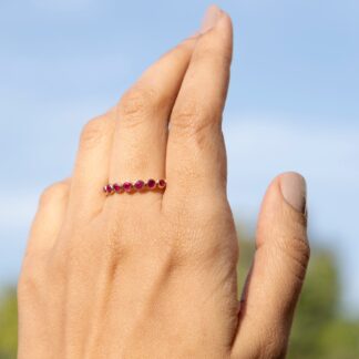 Dainty Round Cut Eternity Ring In 14k Rose Gold Burma Ruby Bezel Set Engagement Band