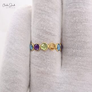 Colorful Multi Gemstones Eternity Ring in 14K Solid Yellow Gold