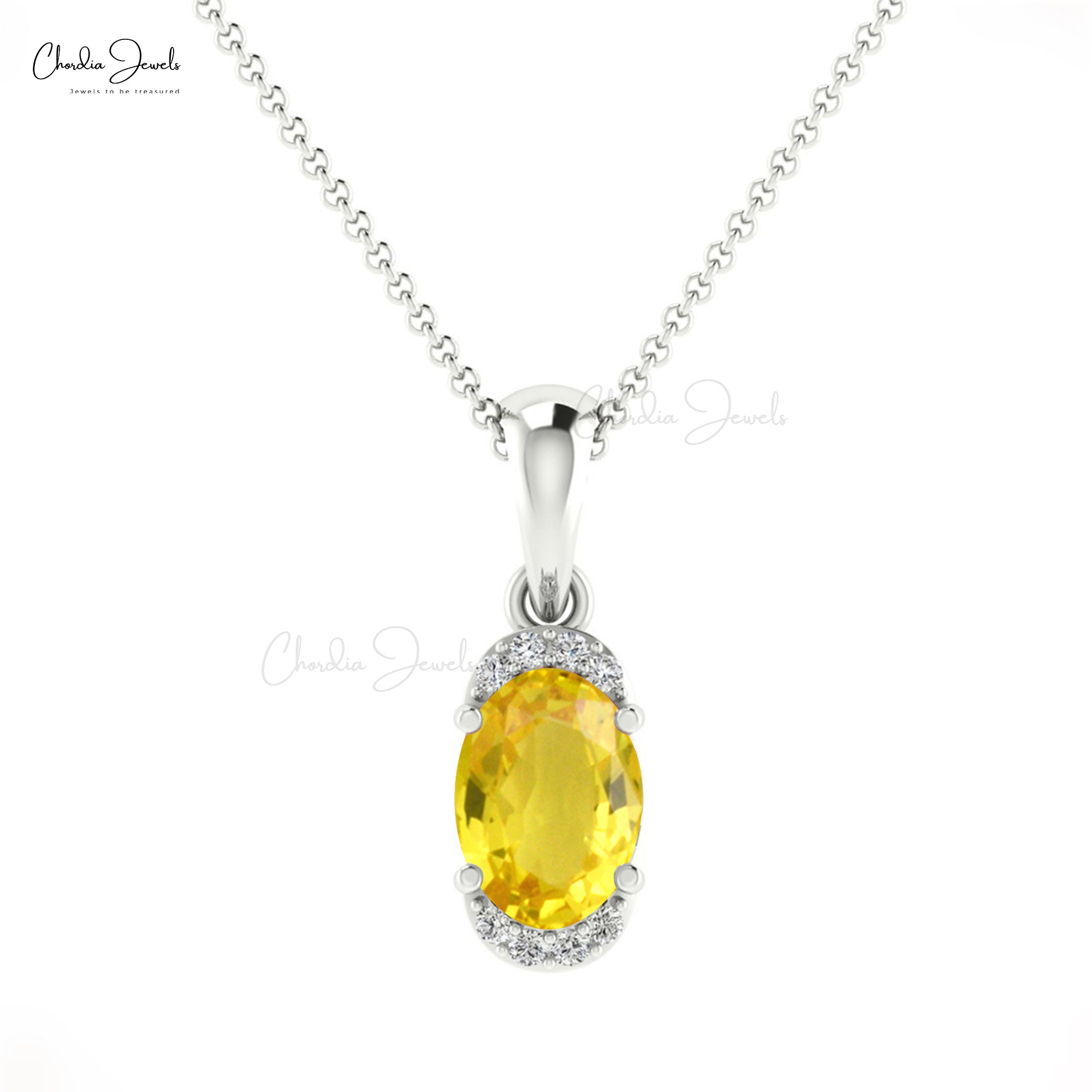 Dangle Gemstone Pendant In 14k Solid Gold Yellow Sapphire And Pave Diamond Half Halo Necklace