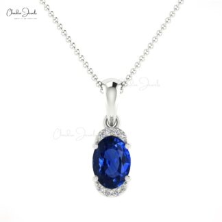 Dainty Diamond Half Halo Pendant With 7x5mm Blue Sapphire 14k Real Gold Pendant For Her
