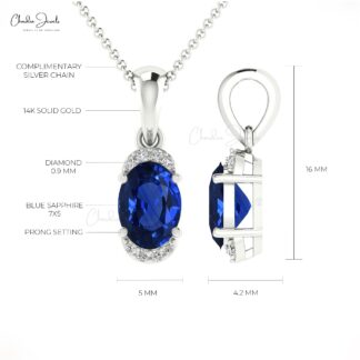 Dainty Diamond Half Halo Pendant With 7x5mm Blue Sapphire 14k Real Gold Pendant For Her