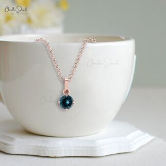 Single Stone Dangle Charm With 4mm London Blue Topaz 14k Real Gold Solitaire Pendant