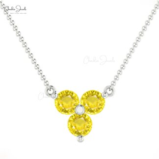 Cluster Trio Stone Necklace In Solid 14k Gold Yellow Sapphire Handmade Fine Jewelry
