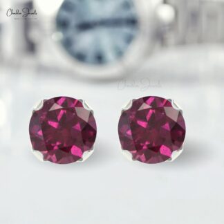 Natural Rhodolite Garnet Earrings For Gift 4mm Round Cut Gemstone Studs 14k Solid Gold Minimalist Earrings Set Fine Jewelry For Women