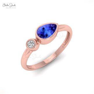 Bezel Set Women Ring In Solid 14k Gold Tanzanite 0.48 Ct Gemstone And Diamond R ing