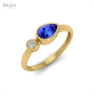 Bezel Set Women Ring In Solid 14k Gold Tanzanite 0.48 Ct Gemstone And Diamond R ing