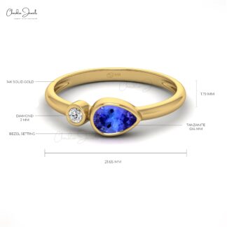 Bezel Set Women Ring In Solid 14k Gold Tanzanite 0.48 Ct Gemstone And Diamond R ing