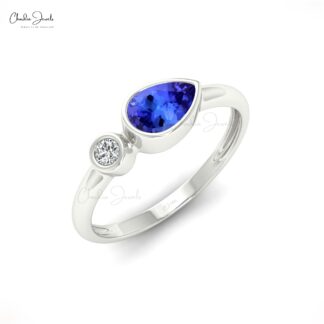 Bezel Set Women Ring In Solid 14k Gold Tanzanite 0.48 Ct Gemstone And Diamond R ing