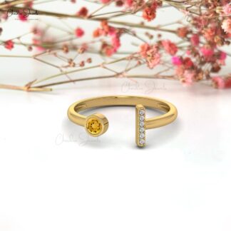 Diamond Bar Open Cuff Ring with 3mm Citrine November Birthstone 14k Solid Gold Ring