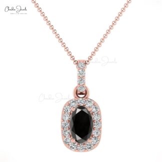 Dainty Diamond Halo Charm in 14k Real Gold Black Diamond 7x5mm Oval Cut Pendant