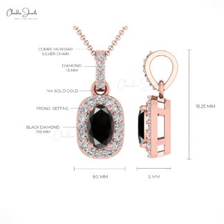 Dainty Diamond Halo Charm in 14k Real Gold Black Diamond 7x5mm Oval Cut Pendant