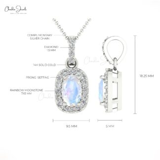 Dangle Gemstone Pendant in 14k Solid Gold Moonstone And Pave Diamond Halo Pendant