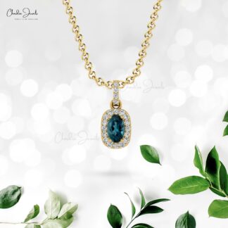 Genuine London Blue Topaz Halo 14k Gold Pendant With 7x5mm Gemstone And Diamond Jewelry