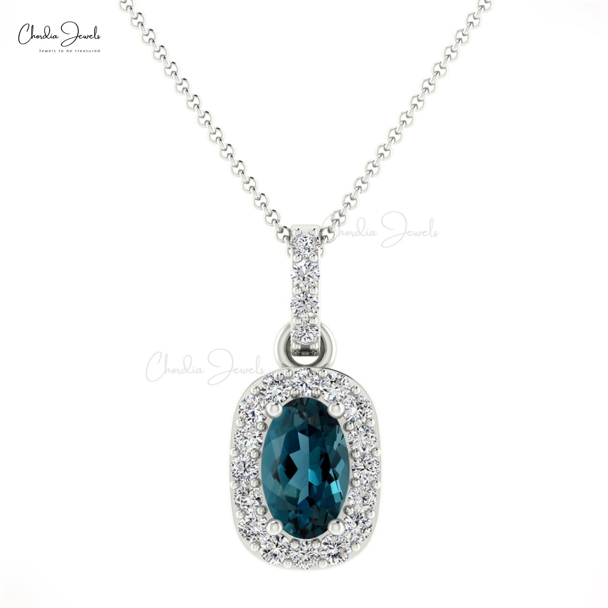 Genuine London Blue Topaz Halo 14k Gold Pendant With 7x5mm Gemstone And Diamond Jewelry