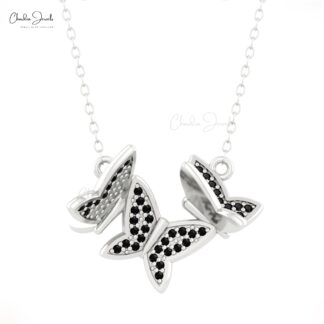 Cluster Butterfly Necklace WIth 1mm Black Diamond Dainty Chain Necklaces In 14k Pure Gold