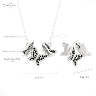 Cluster Butterfly Necklace WIth 1mm Black Diamond Dainty Chain Necklaces In 14k Pure Gold
