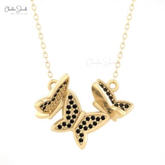 Cluster Butterfly Necklace WIth 1mm Black Diamond Dainty Chain Necklaces In 14k Pure Gold