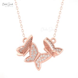 Round Cut Butterfly Chain Necklace In Solid 14k Gold Pave White Diamond Unique Necklaces