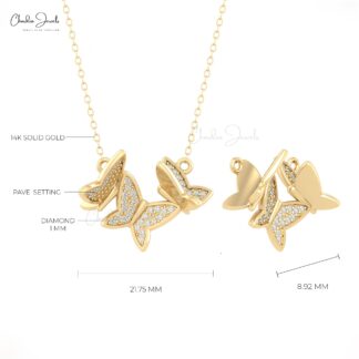 Round Cut Butterfly Chain Necklace In Solid 14k Gold Pave White Diamond Unique Necklaces