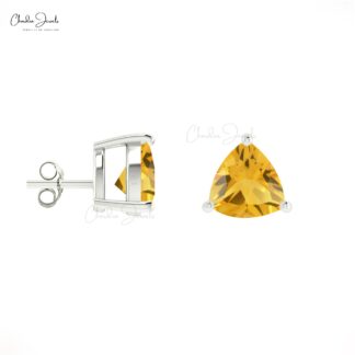 Yellow Citrine November Birthstone Solitaire Earrings Natural Trillion Cut Gemstone Summer Jewelry 14k Solid Gold Dainty Earrings For Her