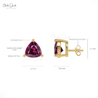 AAA Rhodolite Garnet Earrings For Gift 14k Real Gold Earrings Set 4mm Trillion Cut Gemstone Studs Hallmarked Jewelry