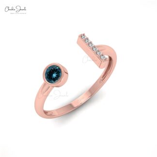 Round Open Cuff Ring With 3mm London Blue Topaz Diamond Accents In 14k Solid Gold Ring