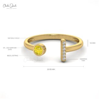 Bezel Set Split Shank Ring In 14k Solid Gold Yellow Sapphire And Diamond Fine Ring