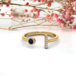 Open Cuff Diamond Ring With 0.17 Ct Ct Blue Sapphire Bezel Set In 14k Real Gold rings