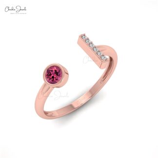Natural Pink Tourmaline Open Cuff Ring With 0.17 Ct Gemstone And Dimond 14k Gold Jewelry