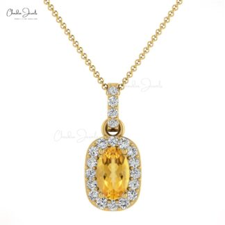 Solid 14k Gold Dangle Pendant In 0.75 Ct Citrine And Diamond Halo Women Necklace