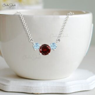 Lavaliere Necklace With Aquamarine & Garnet Gemstone 14k Real Gold 3-Stone Statement Necklace