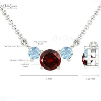 Lavaliere Necklace With Aquamarine & Garnet Gemstone 14k Real Gold 3-Stone Statement Necklace