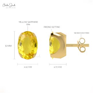 Elegant Yellow Sapphire Earrings For Women 6x4mm Oval Cut Gemstone Studs 14k Real Gold Solitaire Dainty Earrings Hallmaked Jewelry