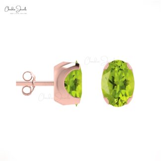 Delicate Peridot Stud Earrings 6x4mm Oval Cut Solitaire Earrings 14k Real Gold August Studs For Women