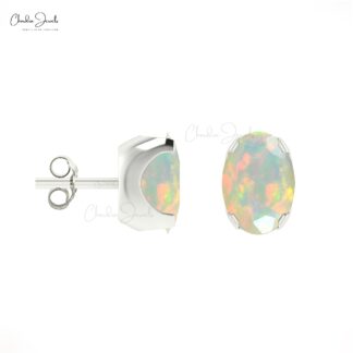 Natural Opal Solitaire Stud Earrings 14k Real Gold Dainty Studs 6x4mm Oval Gemstone Earrings Minimalist Jewelry For Her