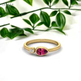 Two Stone Women Ring With 0.22 Ct Pink Tourmaline And Diamond Bezel Set In 14k Gold Ring