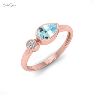 Elegant Aquamarine 6x4mm Gemstone Ring 14k Real Gold Diamond Ring For Engagement Jewelry For Her