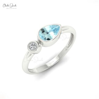 Elegant Aquamarine 6x4mm Gemstone Ring 14k Real Gold Diamond Ring For Engagement Jewelry For Her